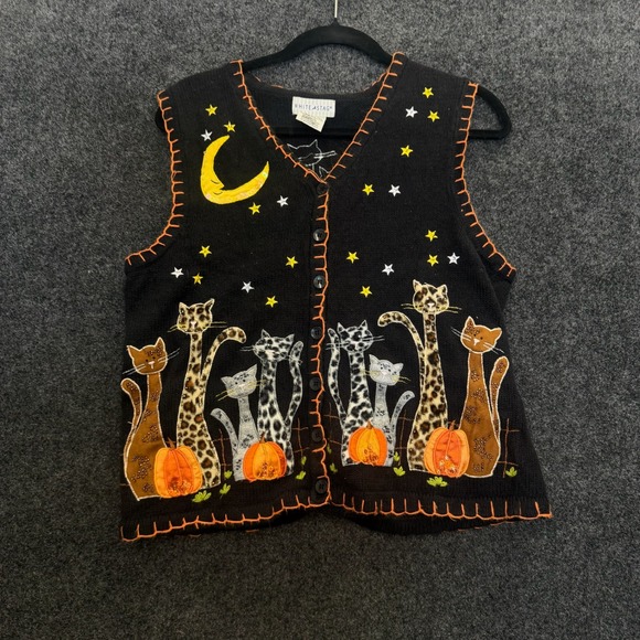White Stag Jackets & Blazers - White Stag Vintage 90s Halloween Cat Pumpkin Moon Knit Sweater Vest Black Small